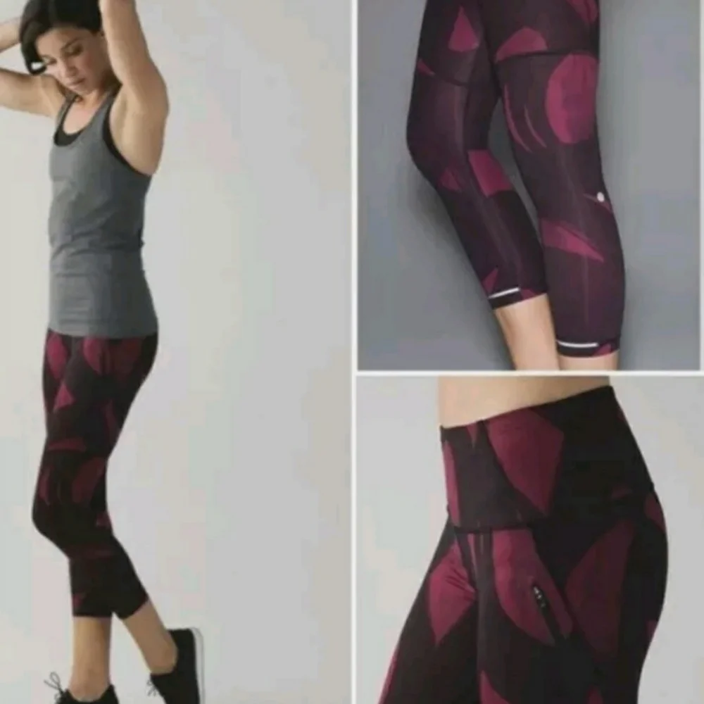 Lululemon All Sport Crop Back Spin Stroke Dashing Purple Black Leggings 2 Yoga